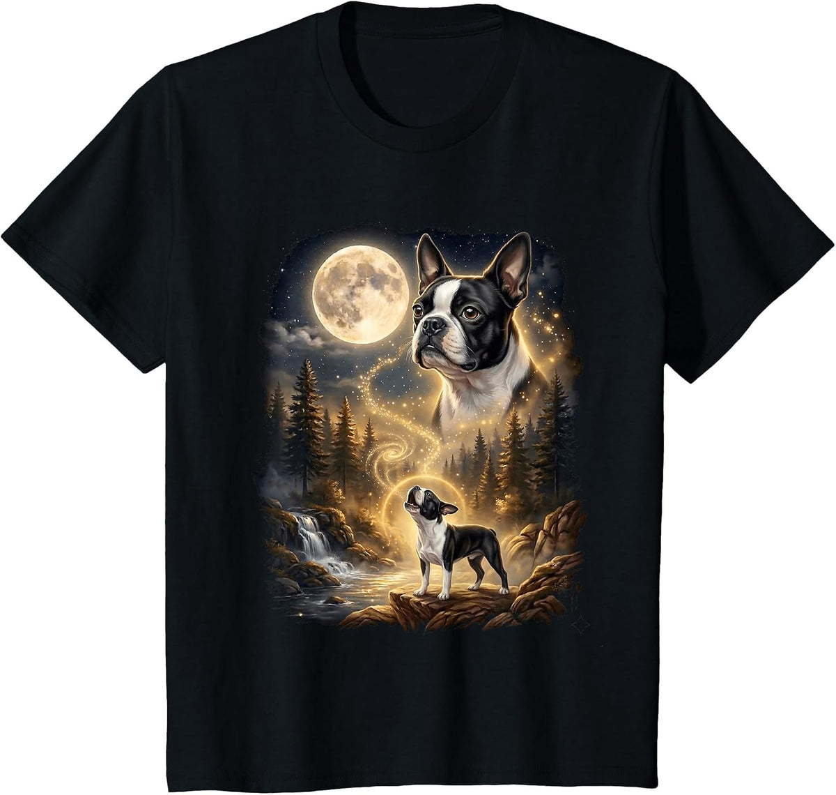 Boston Terrier Howling At The Moon Retro T-Shirt - Black