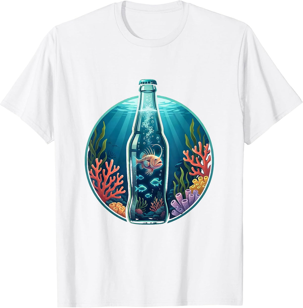 Men's Deep Sea Fish in a Soda Bottle Graphic Tee T-Shirt - White