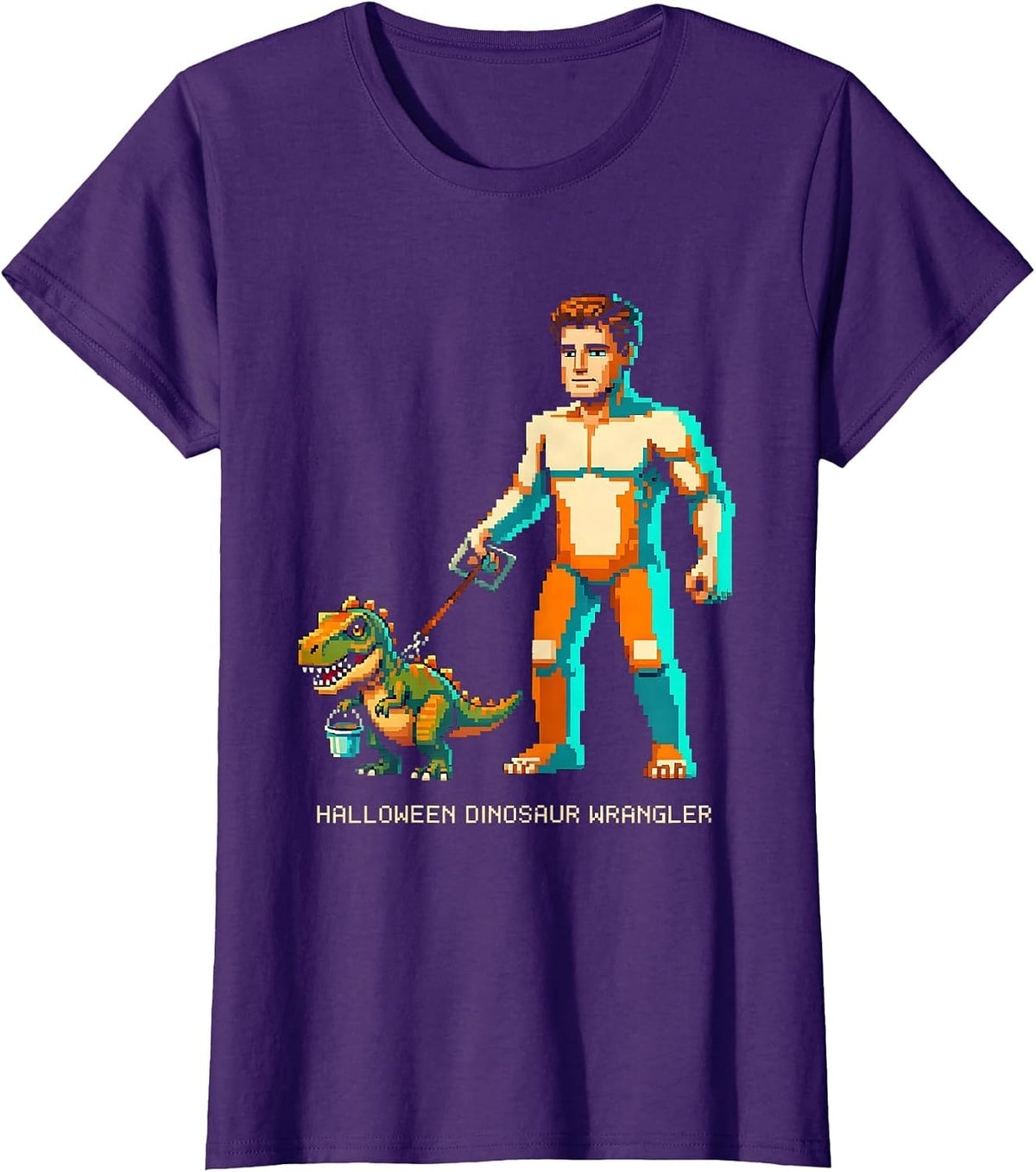 Women's Halloween Dinosaur Wrangler Funny Costume Pixel Art Family T-Shirt - Purple