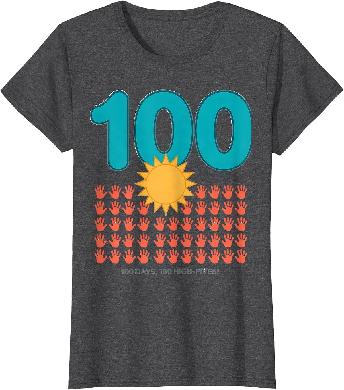 Women's 100 Days 100 High-Fives Retro Playful 100th Day of School T-Shirt - Dark Heather Grey