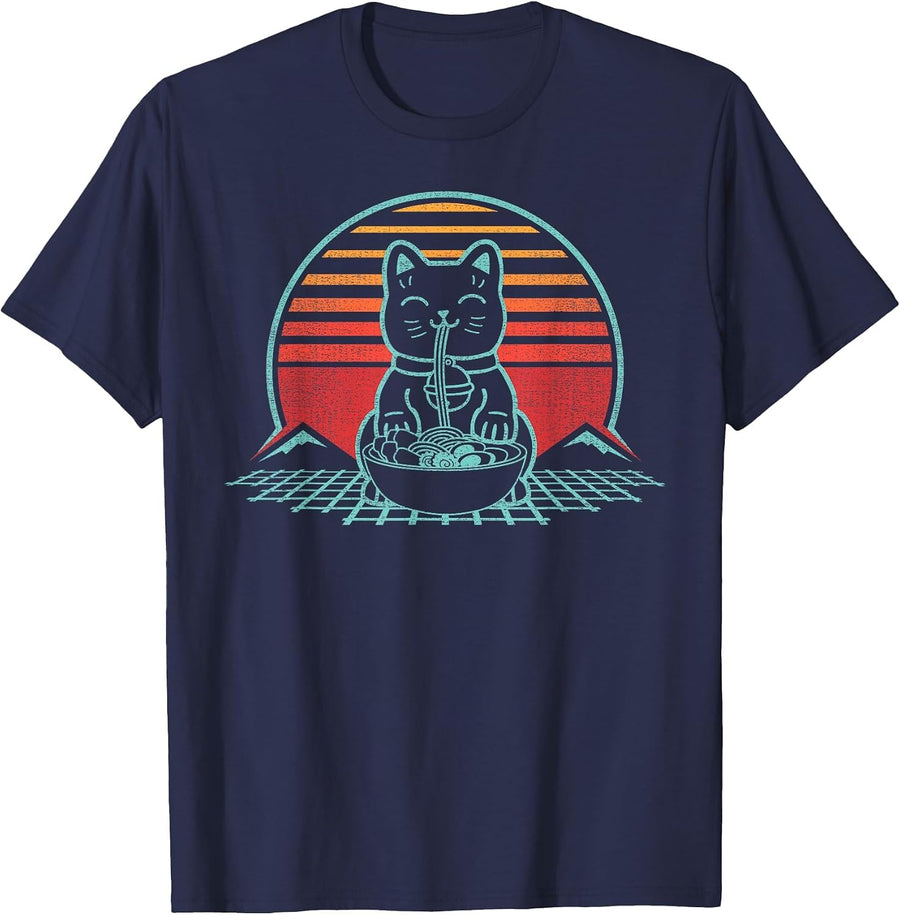 Anime Ramen Cat Retro Japanese Noodles Kawaii Funny T-Shirt - Navy Blue