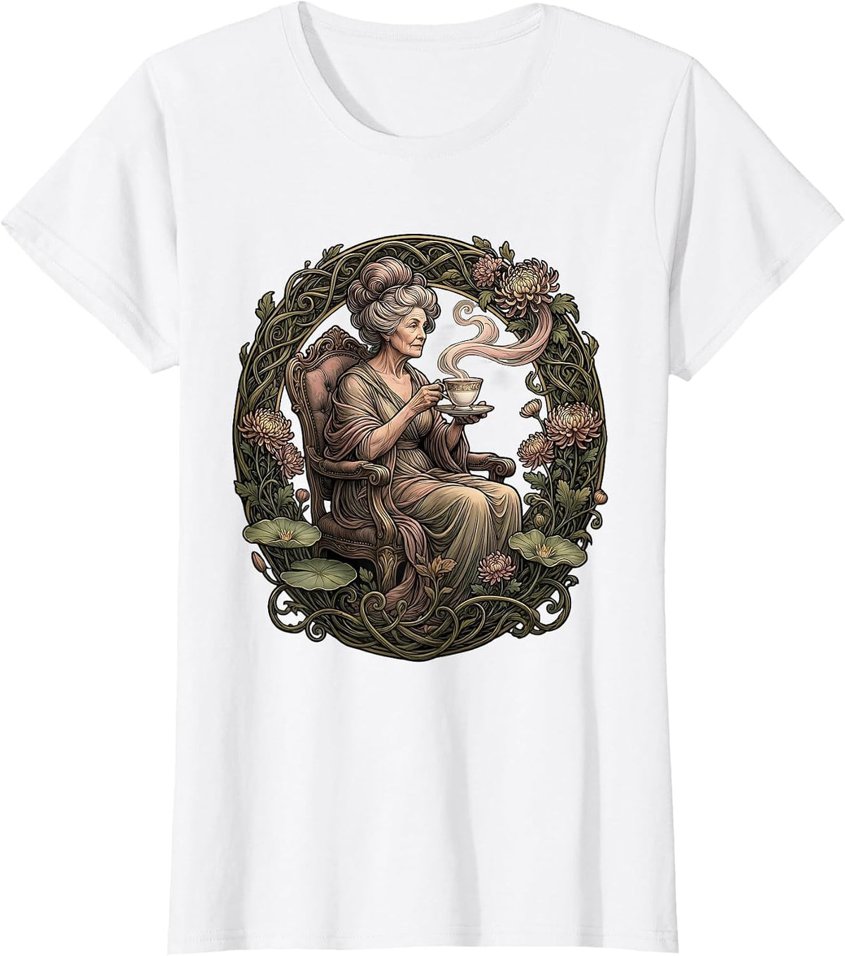 Mimi Grandma Sipping Tea Fancy Teacup Graphic T-Shirt - White