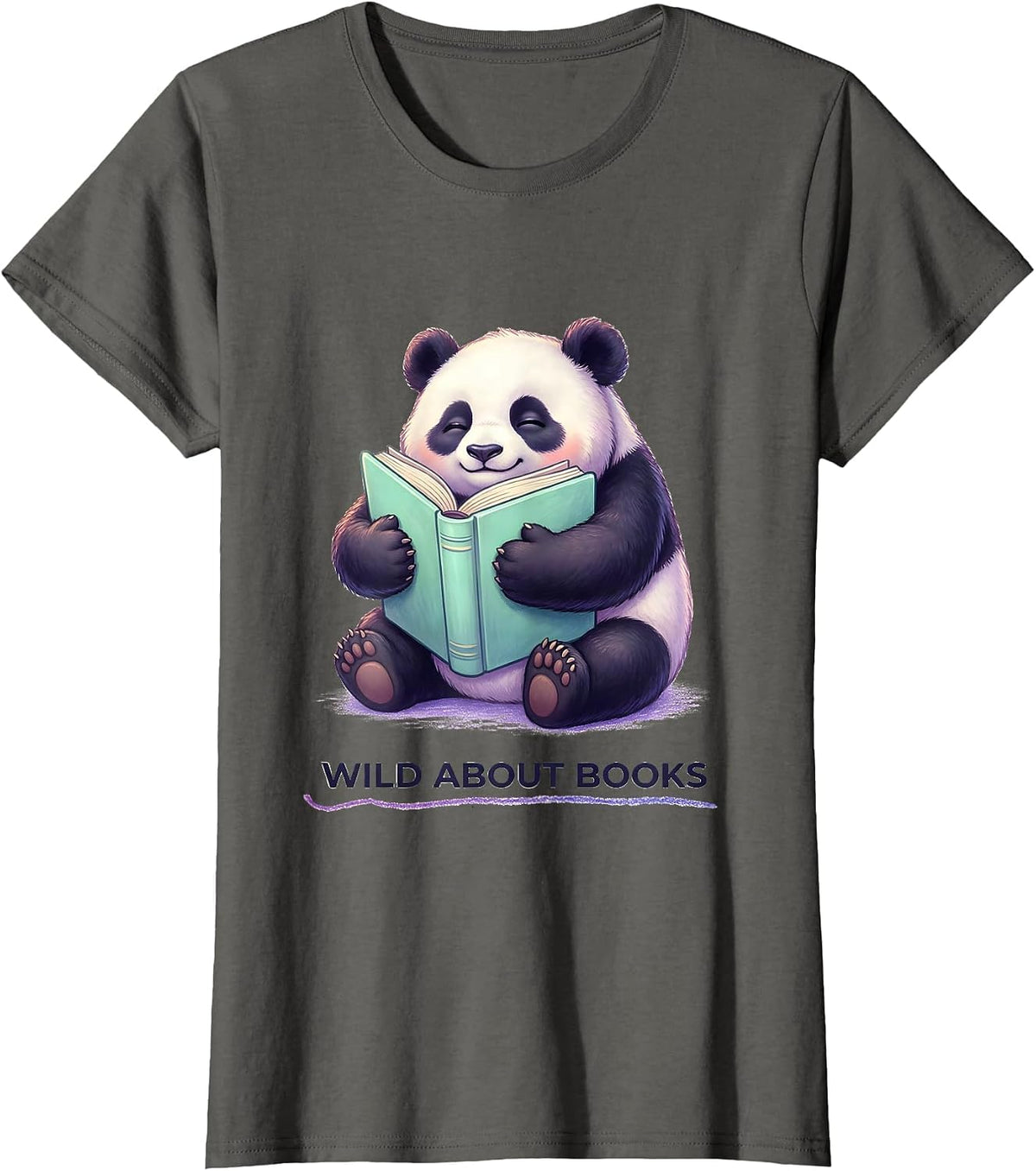 Women's Wild About Books Cute Kawaii Panda Teacher Back To School T-Shirt - Asphalt Grey