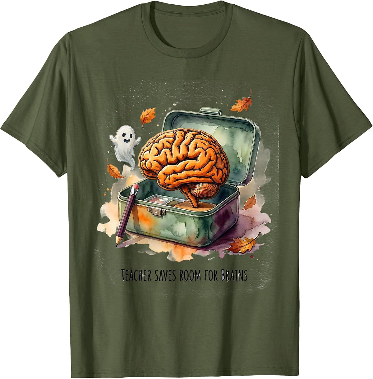 Teacher Saves Room For Brains Funny Teacher Halloween Humor T-Shirt - Olive Green