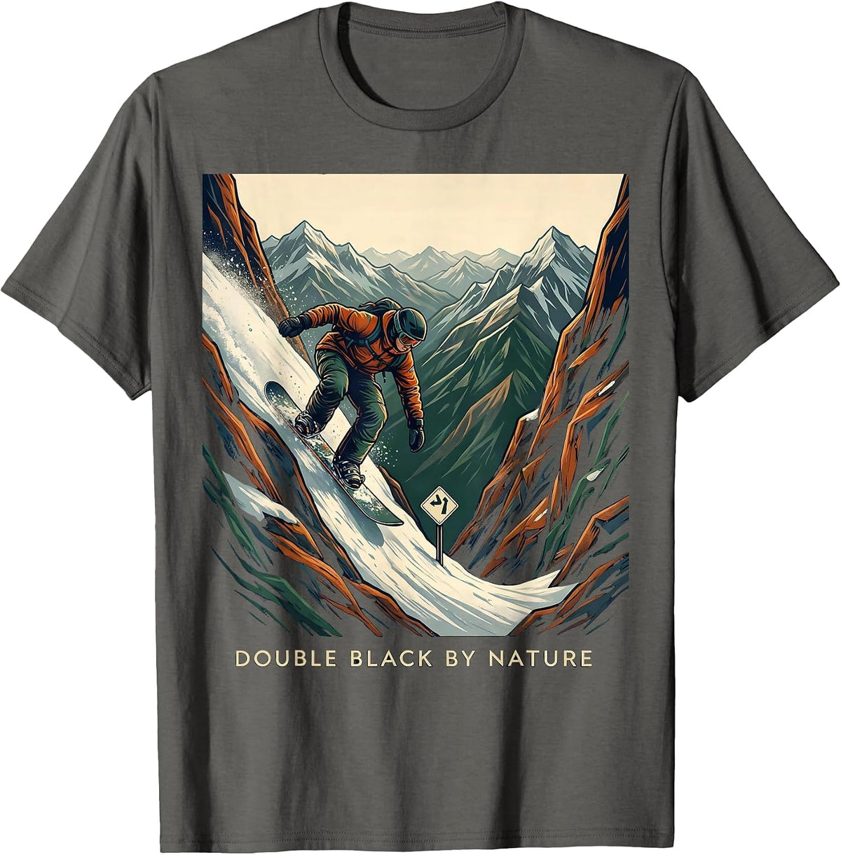 Men's Double Black By Nature Funny Ski Snowboard Winter Sports T-Shirt - Asphalt Grey