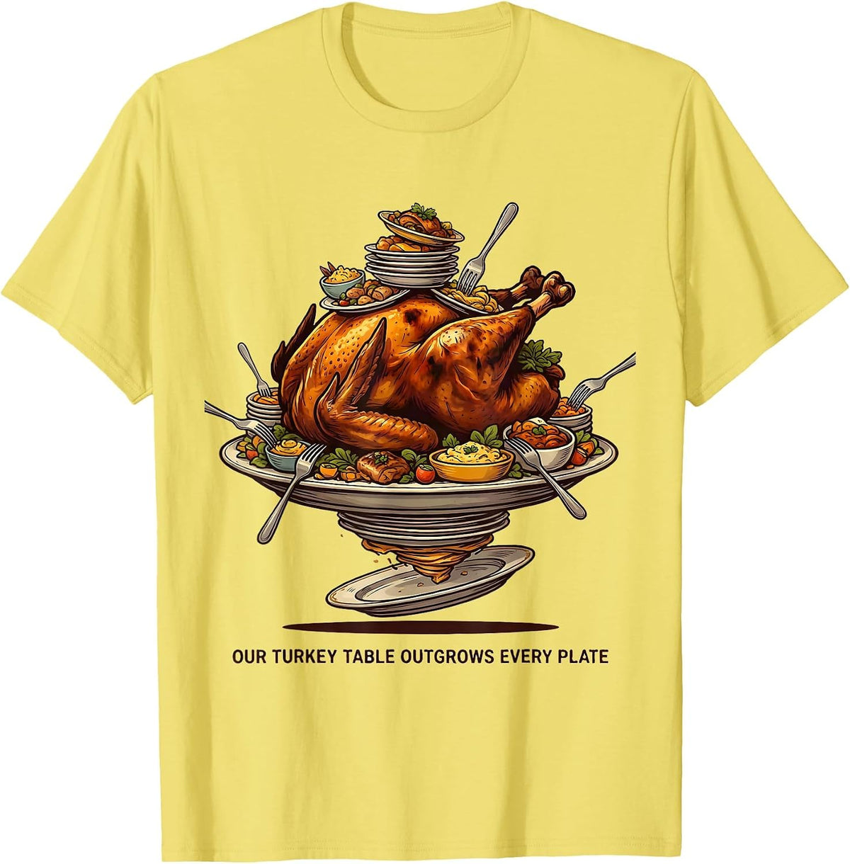 Men's Our Turkey Table Outgrows Every Plate Funny Thanksgiving T-Shirt - Lemon Yellow