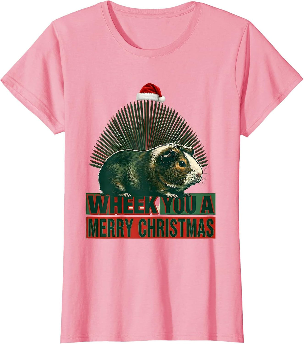 Women's Wheek You A Merry Christmas Funny Guinea Pig Santa Hat T-Shirt - Pink