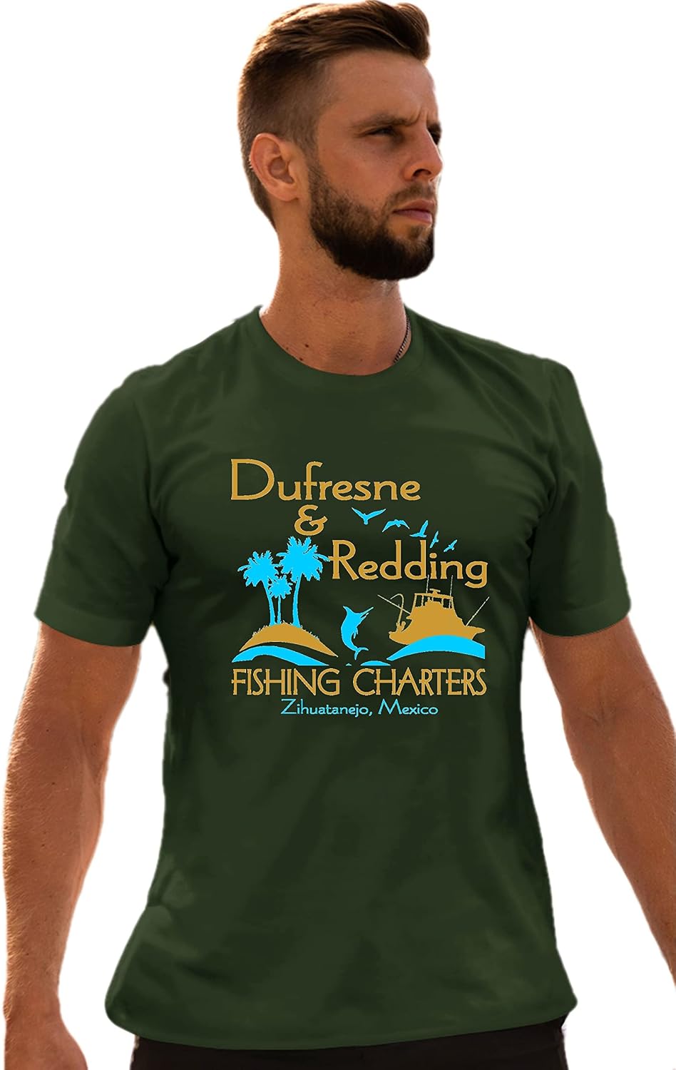 Go All Out Adult Dufresne & Redding Fishing Charters Funny T-Shirt - Forest Green