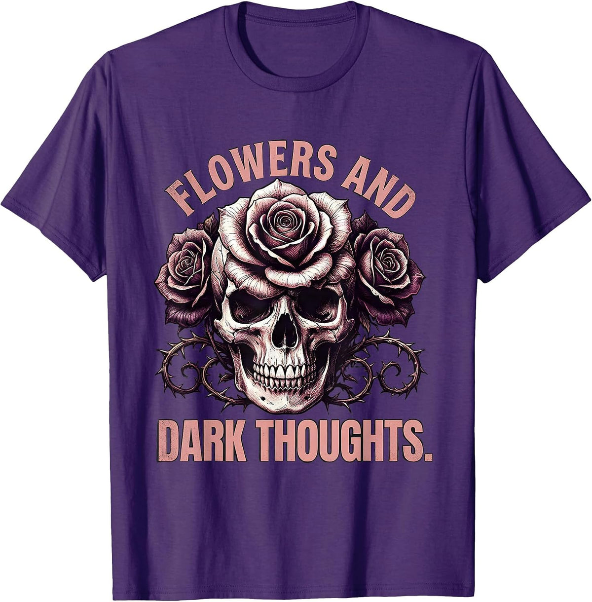Flowers and Dark Thoughts Goth Floral Design T-Shirt - Purple