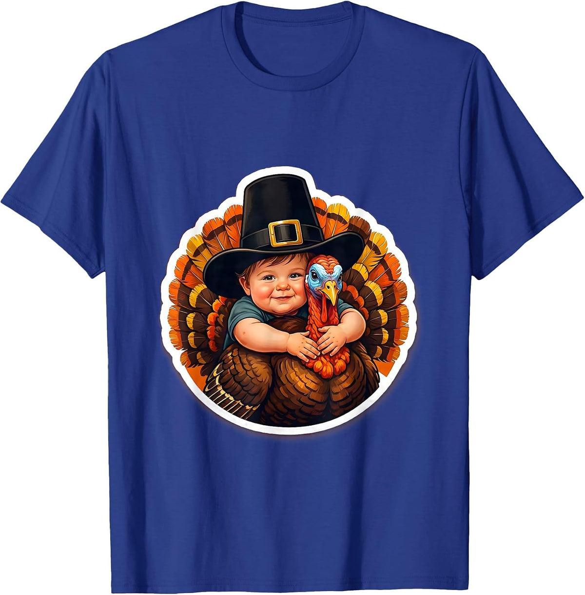 Toddler Pilgrim Hugging Turkey Thanksgiving T-Shirt - Royal Blue