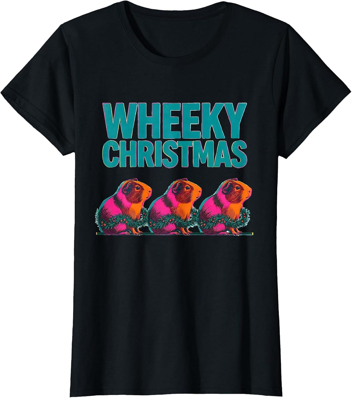 Wheeky Christmas Risograph Guinea Pig Pet Lover Holiday T-Shirt - Black