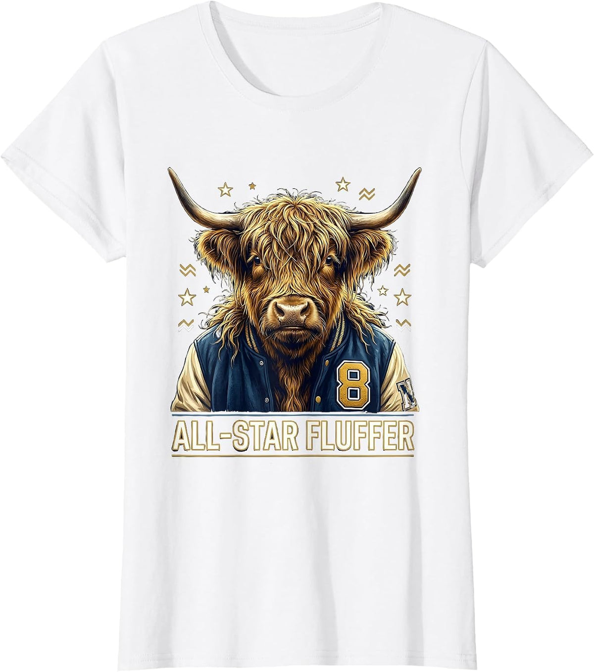 All-Star Fluffer Highland Cow Varsity Design T-Shirt - White