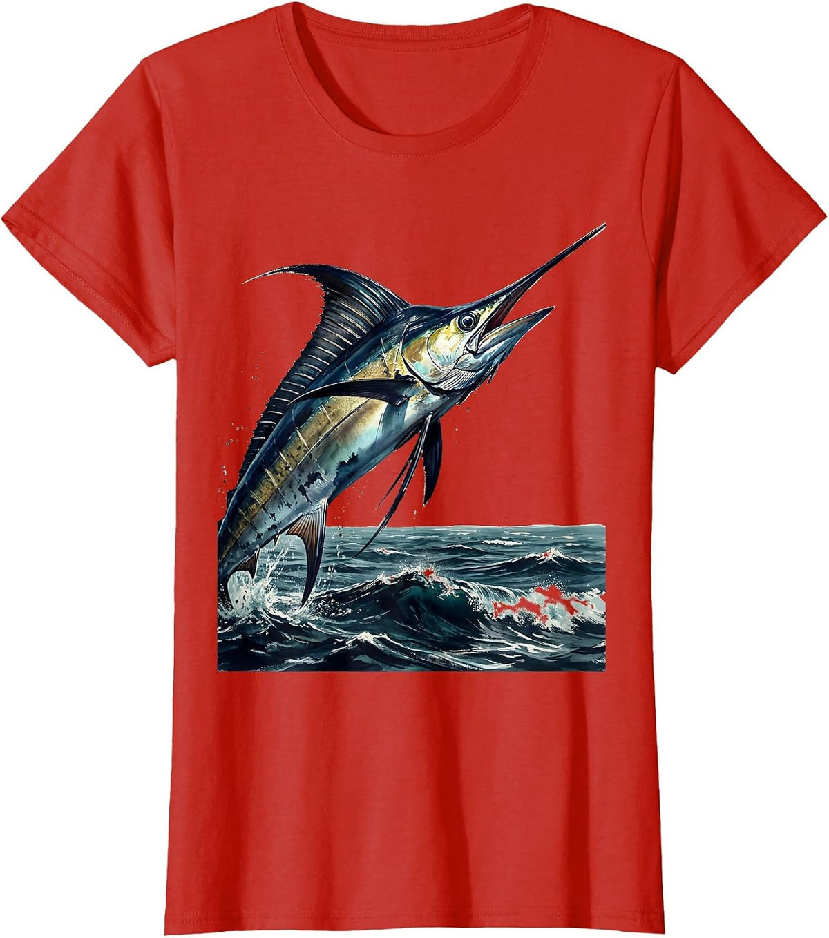 Mahi-Mahi Leaping Ocean Waves Caribbean Design T-Shirt - Red