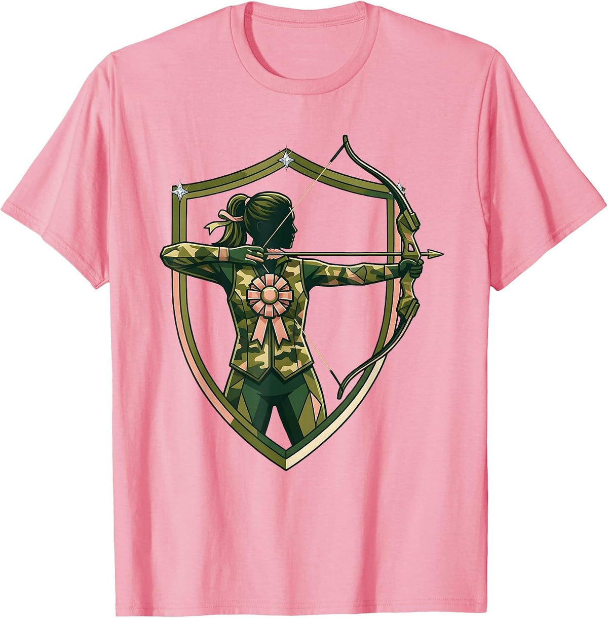 Men's Camo Archer Drawing Back Bow Illustration T-Shirt - Pink