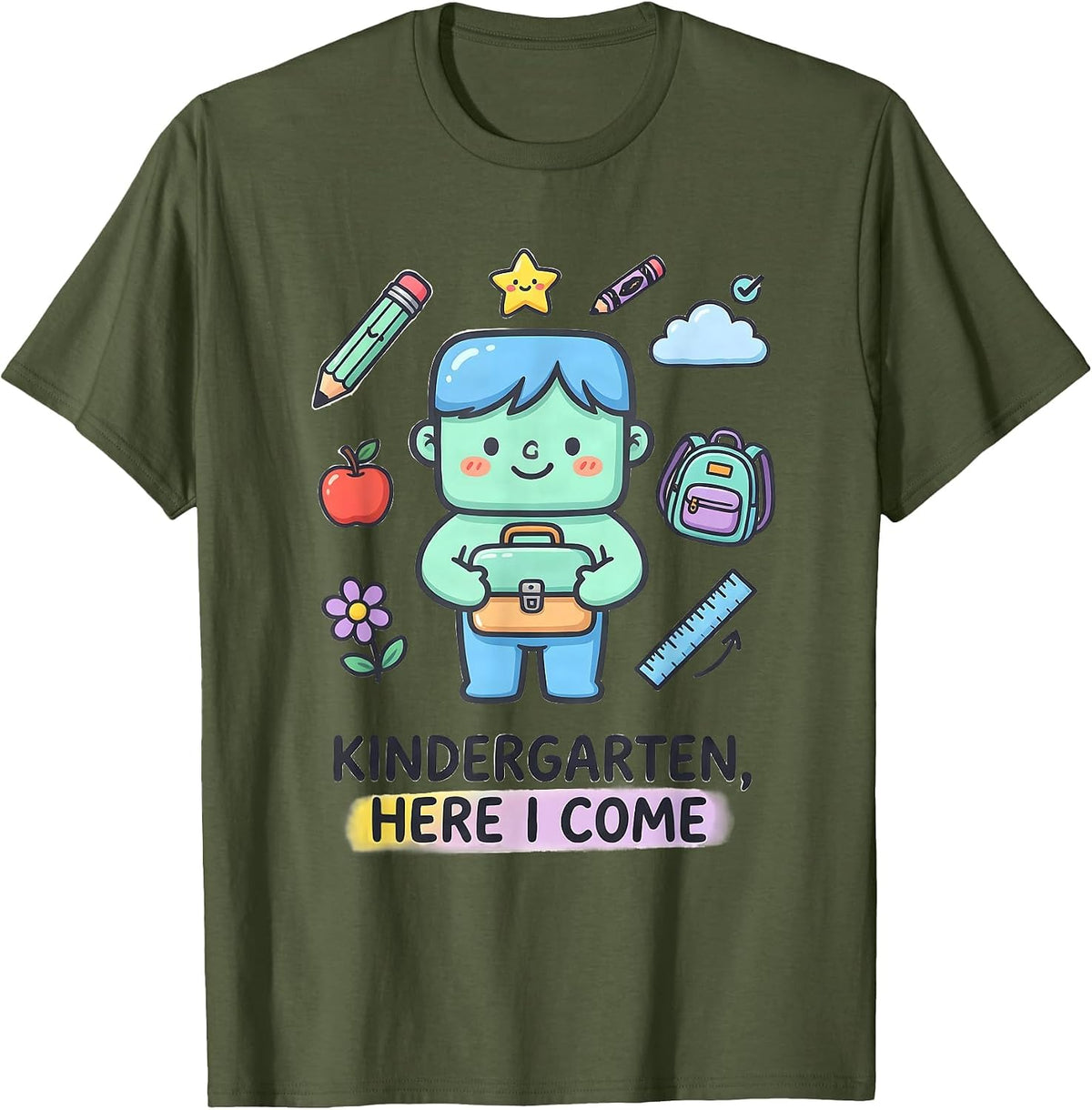 Men's Kindergarten, Here I Come Kawaii Doodle Teacher Back to T-Shirt - Olive Green