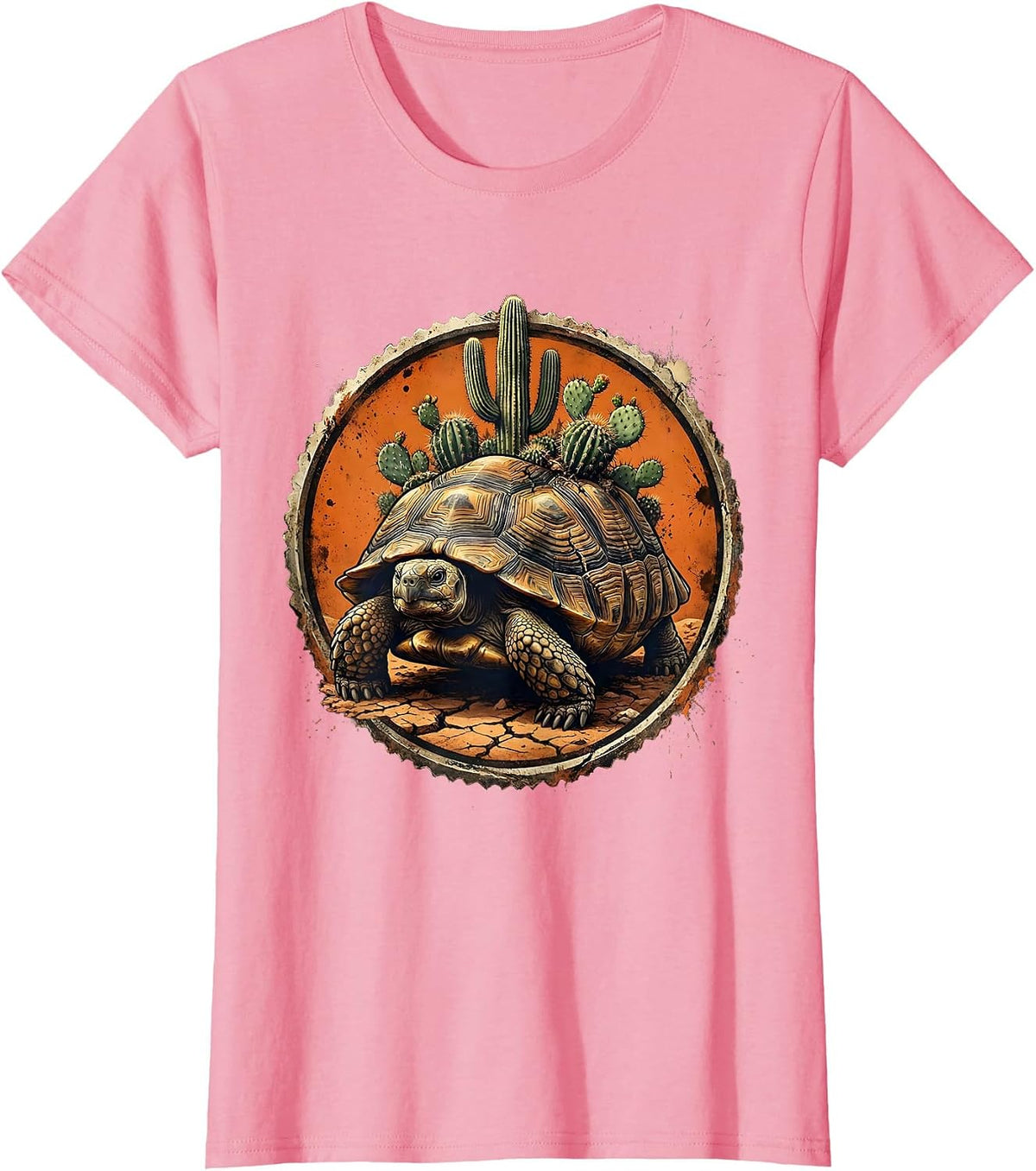 Women's Desert Tortoise with Cacti Western Nature Design T-Shirt - Pink