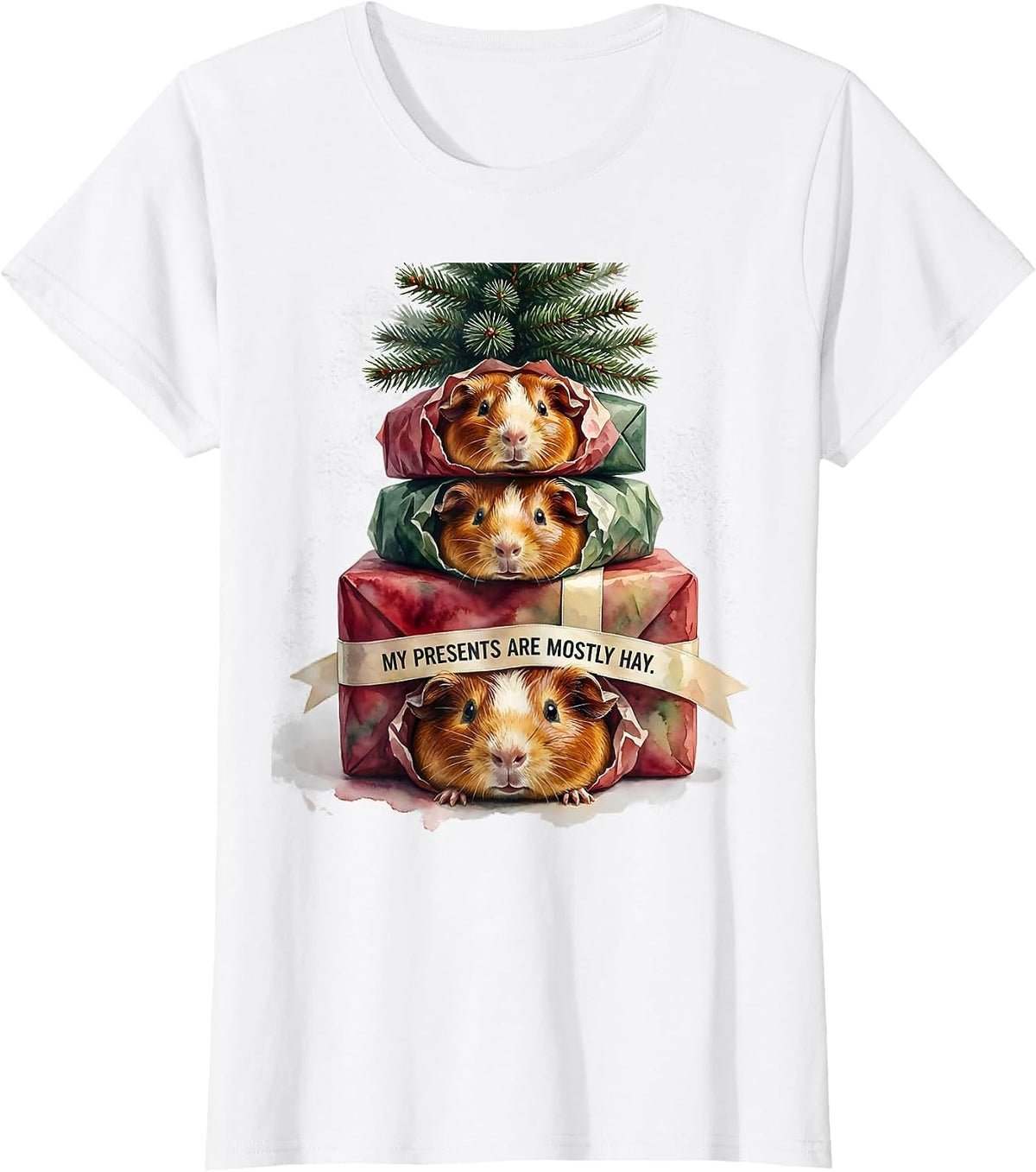 Women's My Presents Are Mostly Hay Watercolor Guinea Pig Christmas T-Shirt - White