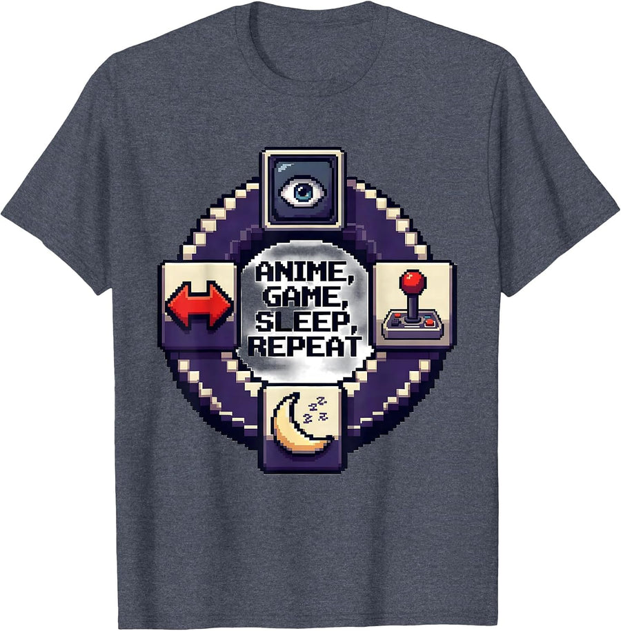 Anime Game Sleep Repeat Pixel Art Kawaii Otaku Gamer Humor T-Shirt - Heather Blue
