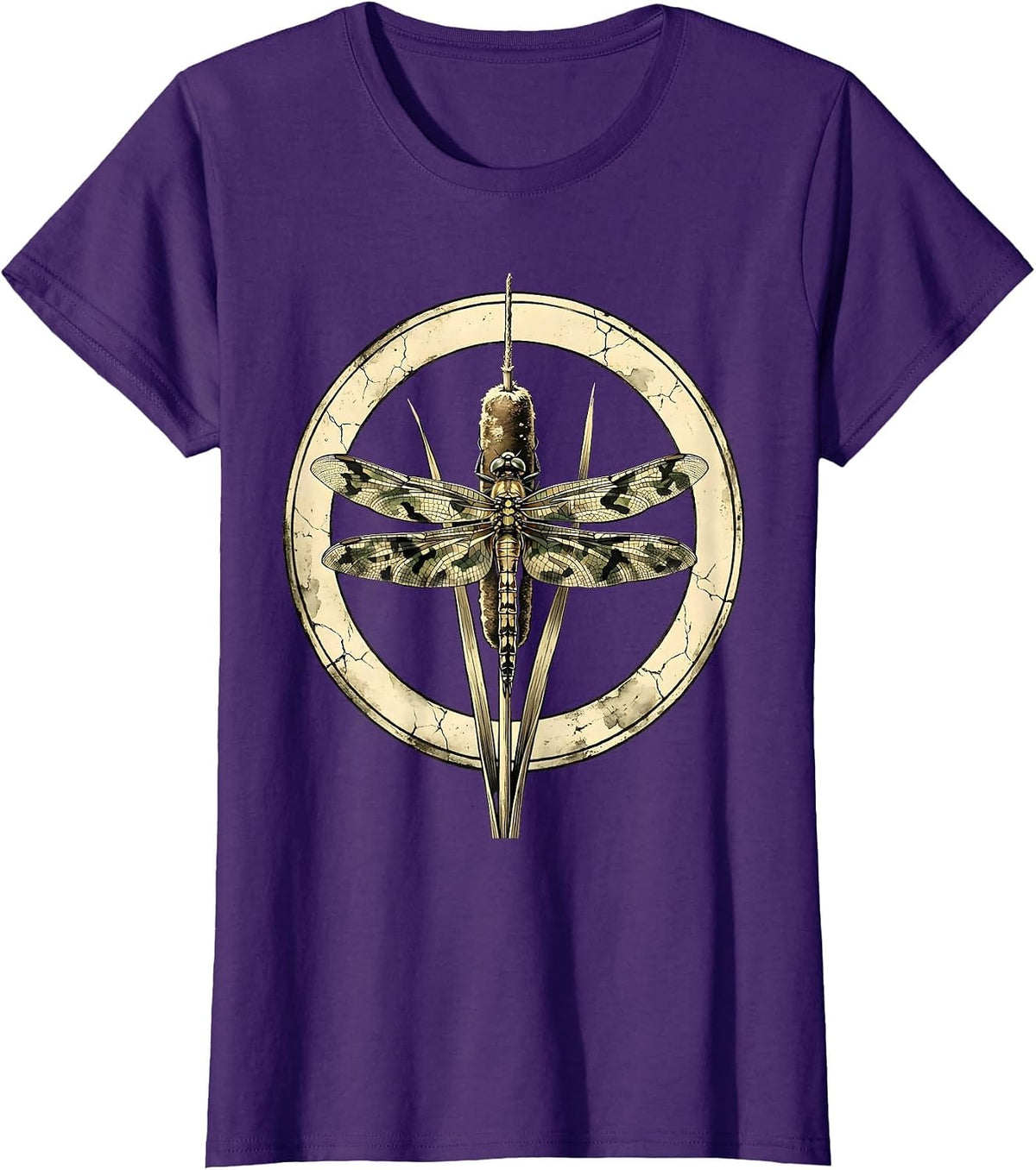 Women's Camo Dragonfly on Cattail Reed Nature Design T-Shirt - Purple