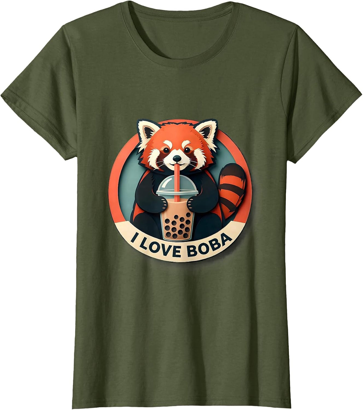 Women's I Love Boba Cute Kawaii Panda Anime Bubble Tea Boba Lover T-Shirt - Olive Green