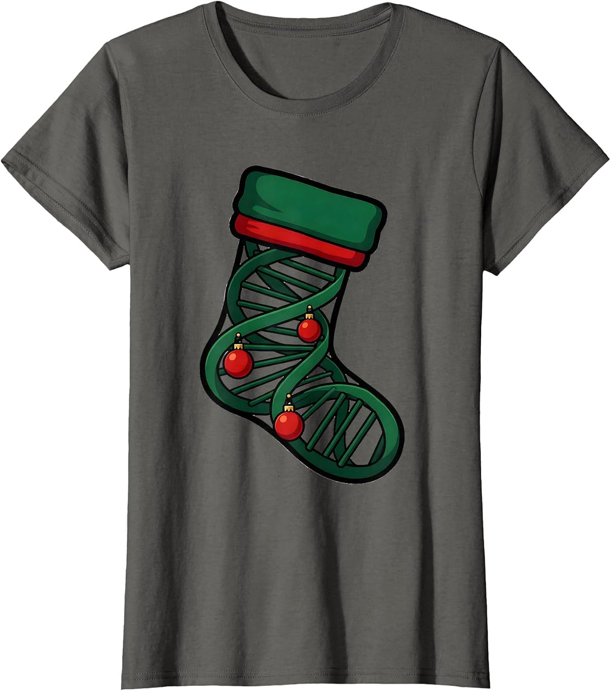 Women's DNA Helix Christmas Stocking Science Teacher Humor T-Shirt - Asphalt Grey