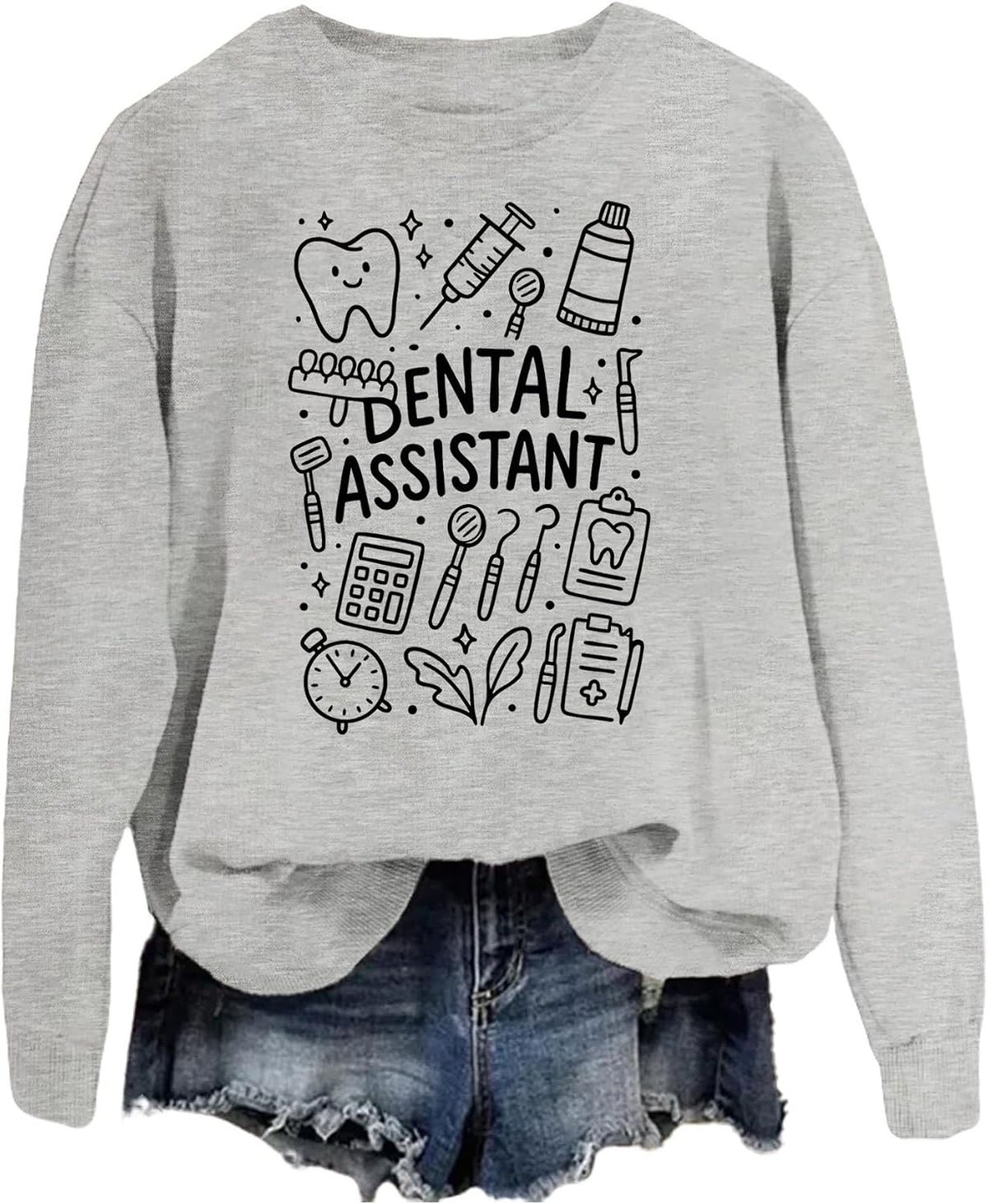 SAUIVD Dental Assistant Sweatshirt for Women Funny Pediatric Dental Hygienist Shirts Long Sleeve Holiday Pullover Tops - Grey