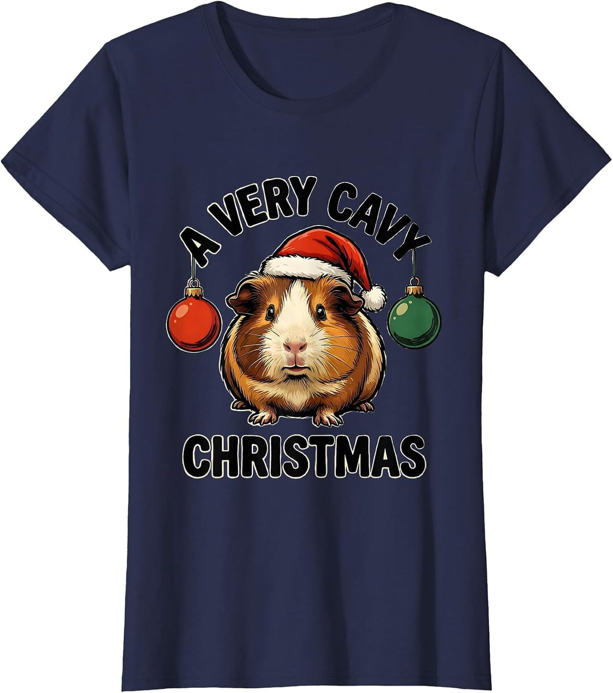 Women's A Very Cavy Christmas Funny Guinea Pig Santa Hat Holiday T-Shirt - Navy Blue