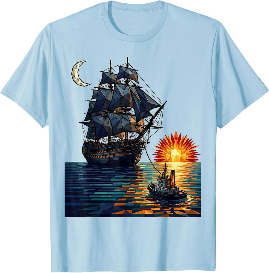 Men's Three-Masted Warship Stained Glass Mosaic Art Lover Gift T-Shirt - Baby Blue