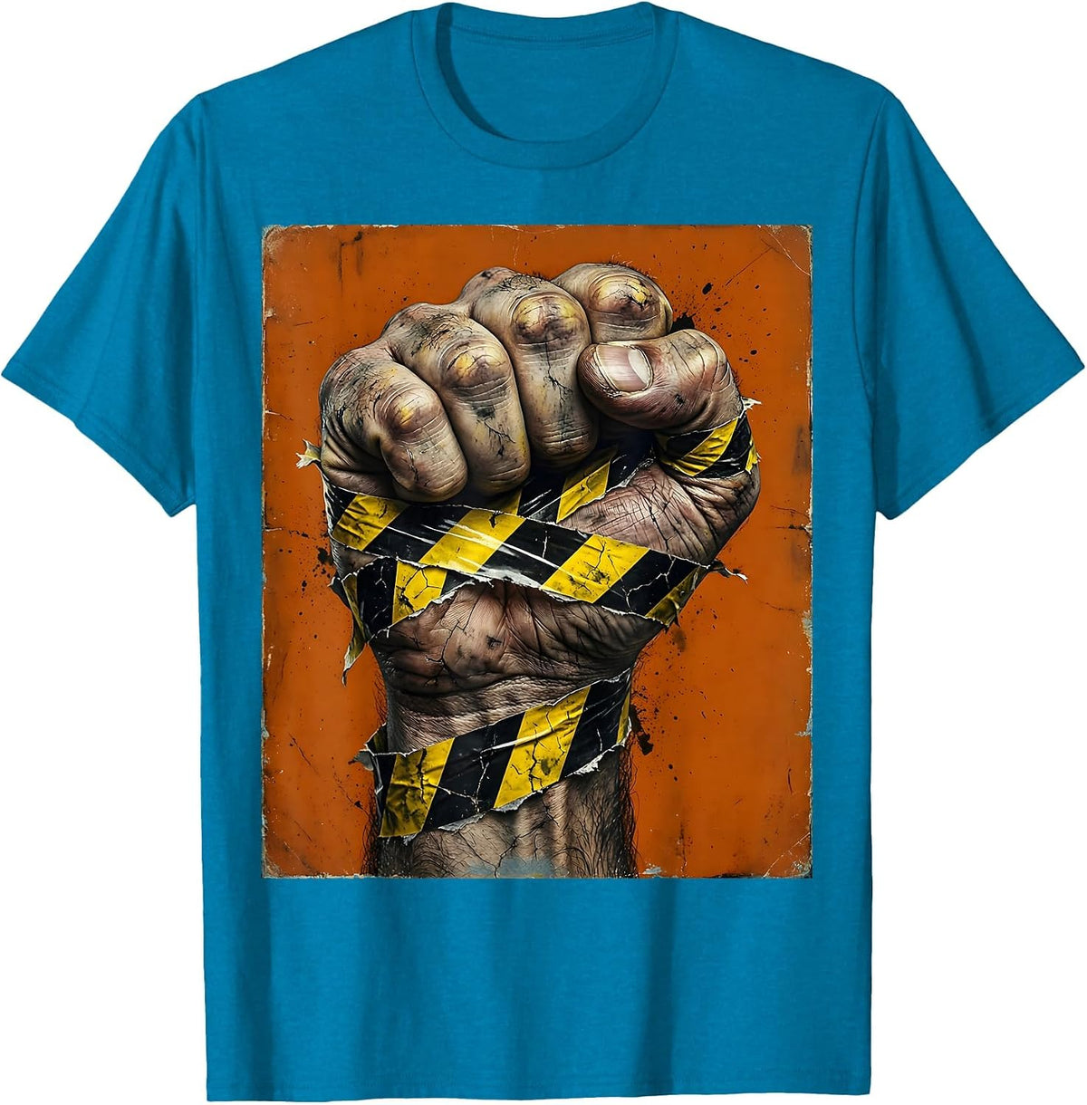 Black and Yellow Caution Fist Graphic Design T-Shirt - Sapphire Blue