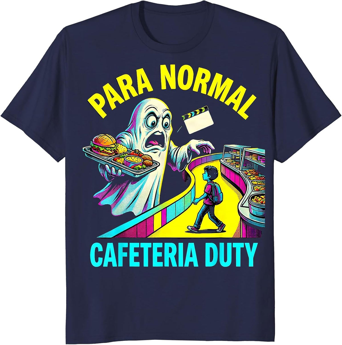 Men's Para Normal Cafeteria Duty Pop Art Ghost Para Halloween T-Shirt - Navy Blue