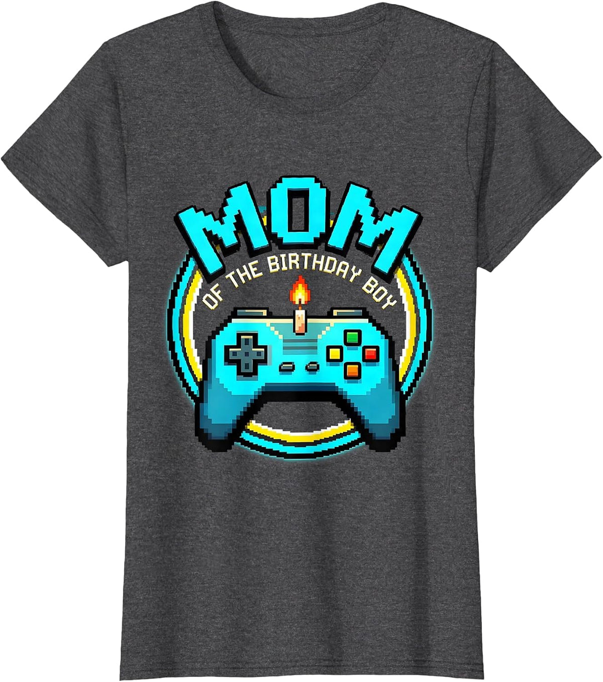 Women's Mom Of The Birthday Boy Pixel Art Video Game Birthday Party T-Shirt - Dark Heather Grey