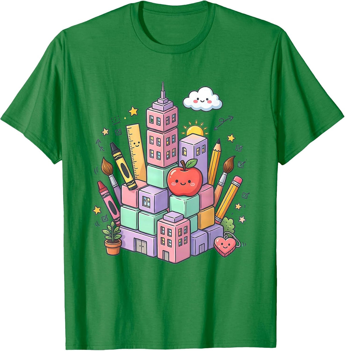 Men's Kindergarten Teacher Block Skyline Graphic T-Shirt - Kelly Green