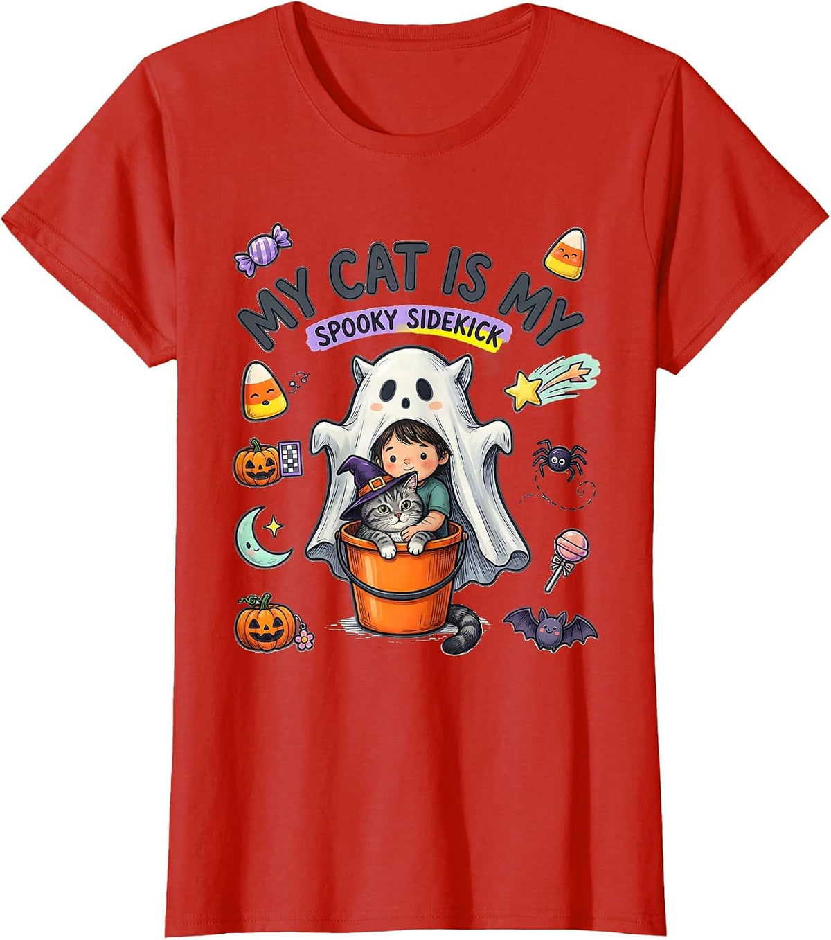 My Cat Is My Spooky Sidekick Kawaii Halloween Cat Lover Gift T-Shirt - Red
