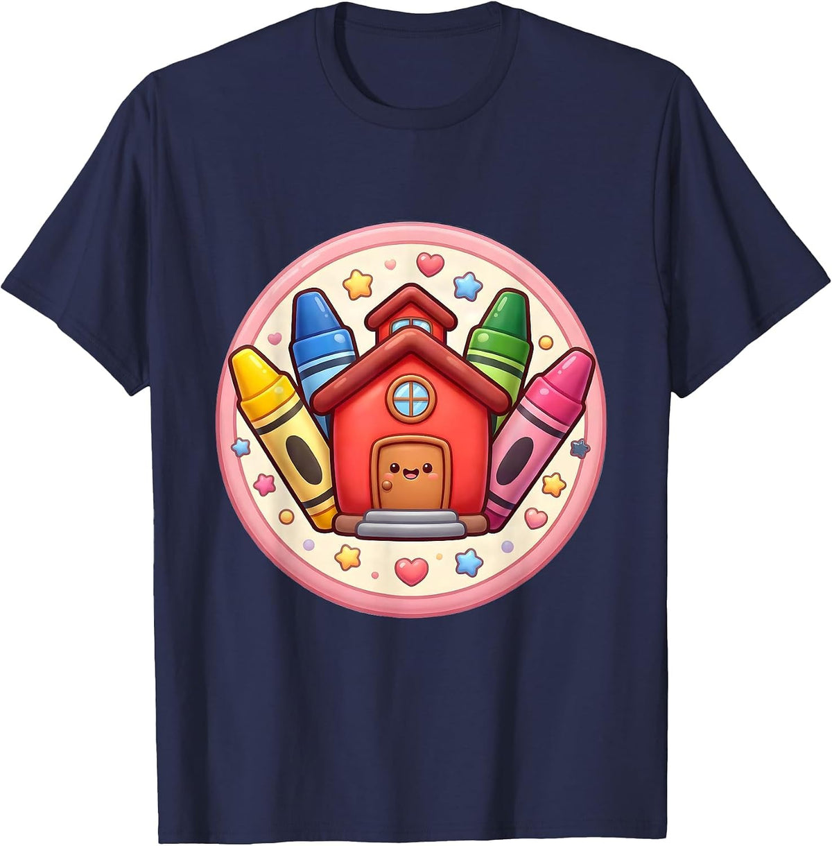 Men's Kindergarten Teacher Schoolhouse Crayon Art T-Shirt - Navy Blue