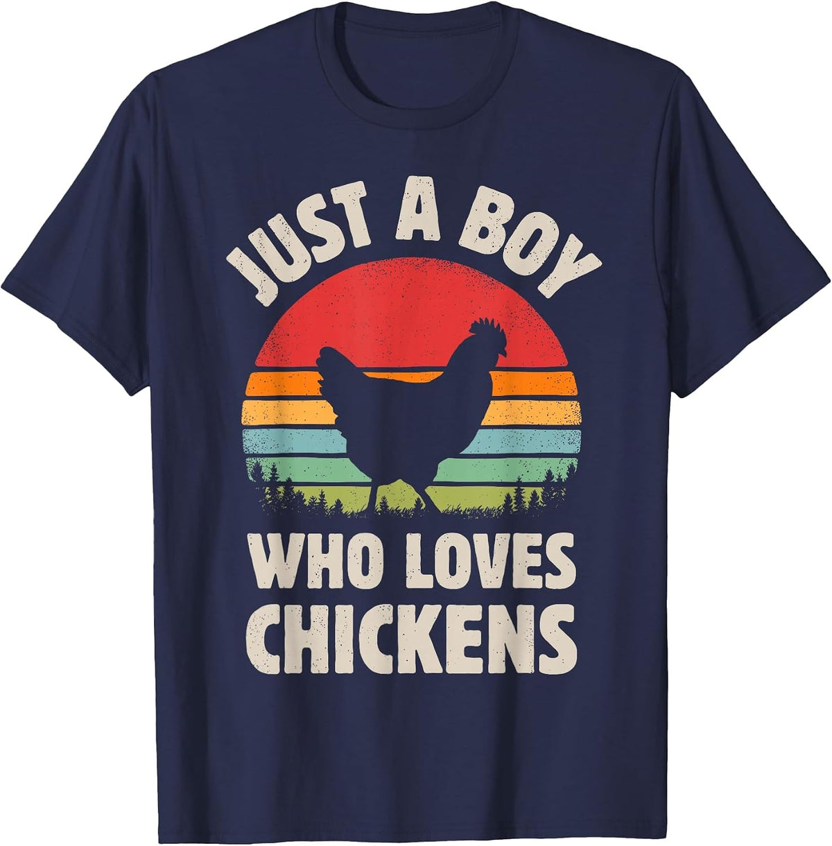 Chicken Just A Boy Who Loves Retro Farm Animal Farmer Sunset T-Shirt - Navy Blue