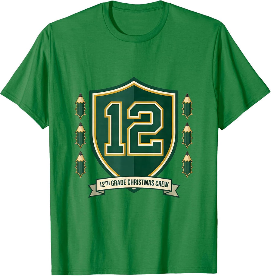 Men's 12th Grade Christmas Crew Emblem Teacher Holiday Humor T-Shirt - Kelly Green