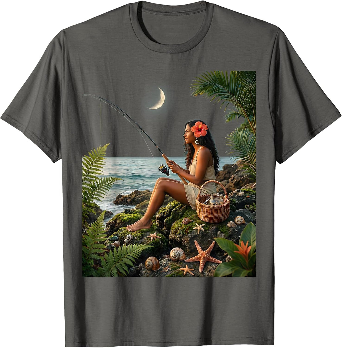 Men's Puerto Rico Coastal Cliff Fishing Illustration T-Shirt - Asphalt Grey