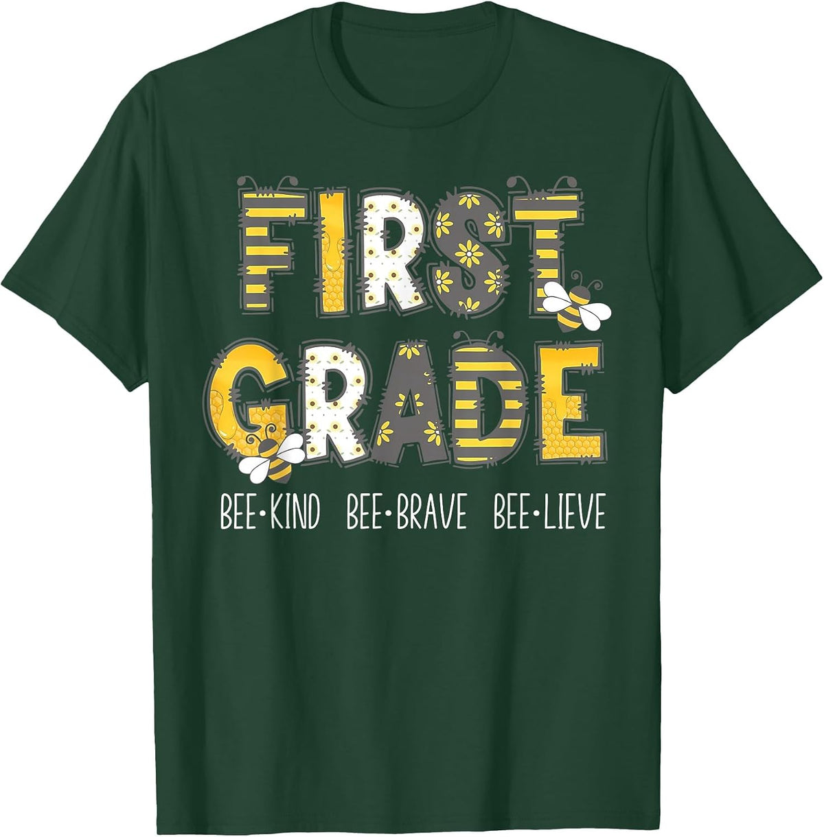 Groovy Bee Kind First Grade Teacher 1st Squad Student Grad T-Shirt - Dark Green
