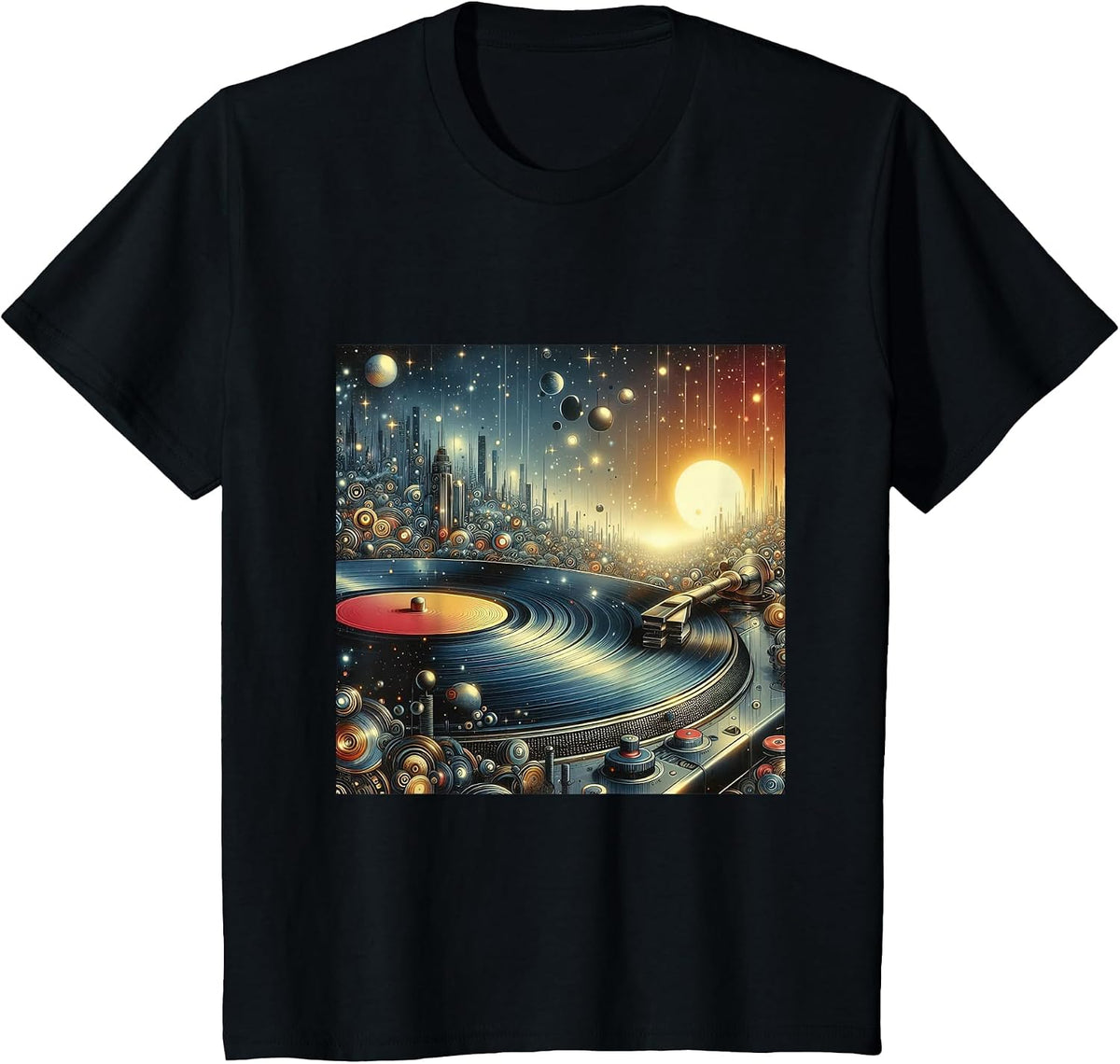 Futuristic Space City Vinyl Record Player Sci-Fi Cityscape T-Shirt - Black