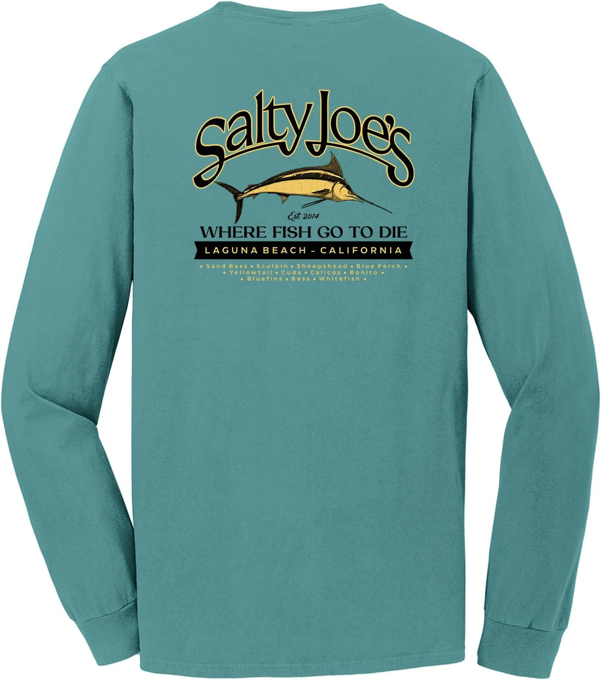 SALTY JOES Men's Fish Count Pigment Dyed Long Sleeve Tee - Peacock \/ Fish Count Logo
