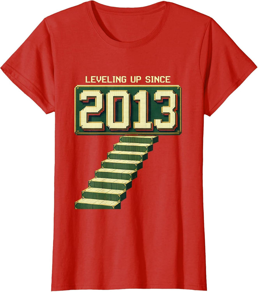 Women's Leveling Up Since 2013 Pixel Art Gamer Birthday Gift Boys T-Shirt - Red