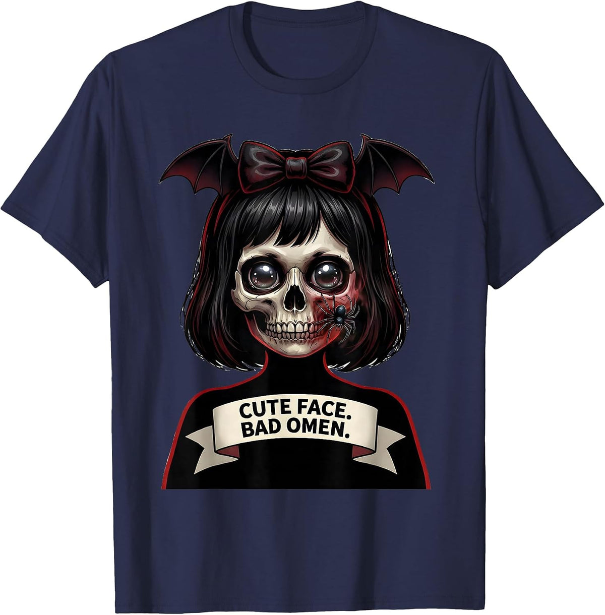 Men's Cute Face Bad Omen Horror Kawaii Anime Goth Girl Aesthetic T-Shirt - Navy Blue