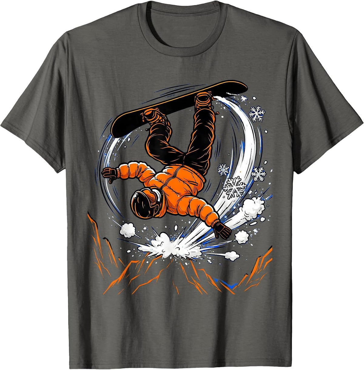 Snowboarder Backflip Mountain Cliff Action Art T-Shirt - Asphalt Grey