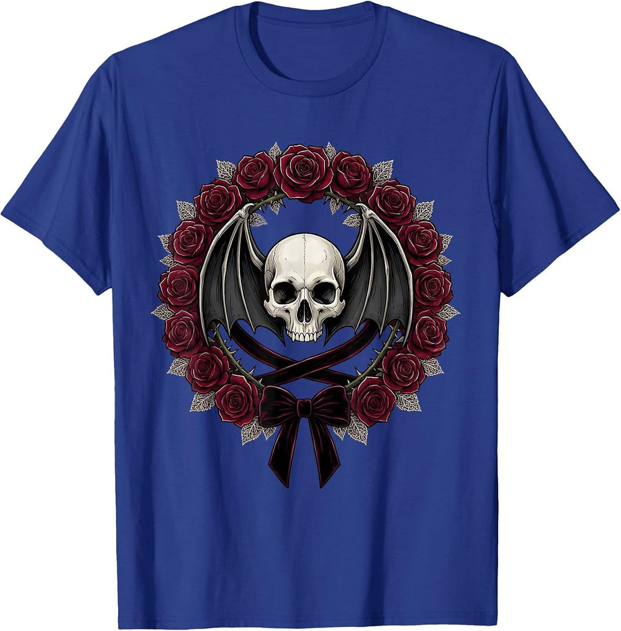 Bat Skull Ornate Floral Halo Goth Art Design T-Shirt - Royal Blue