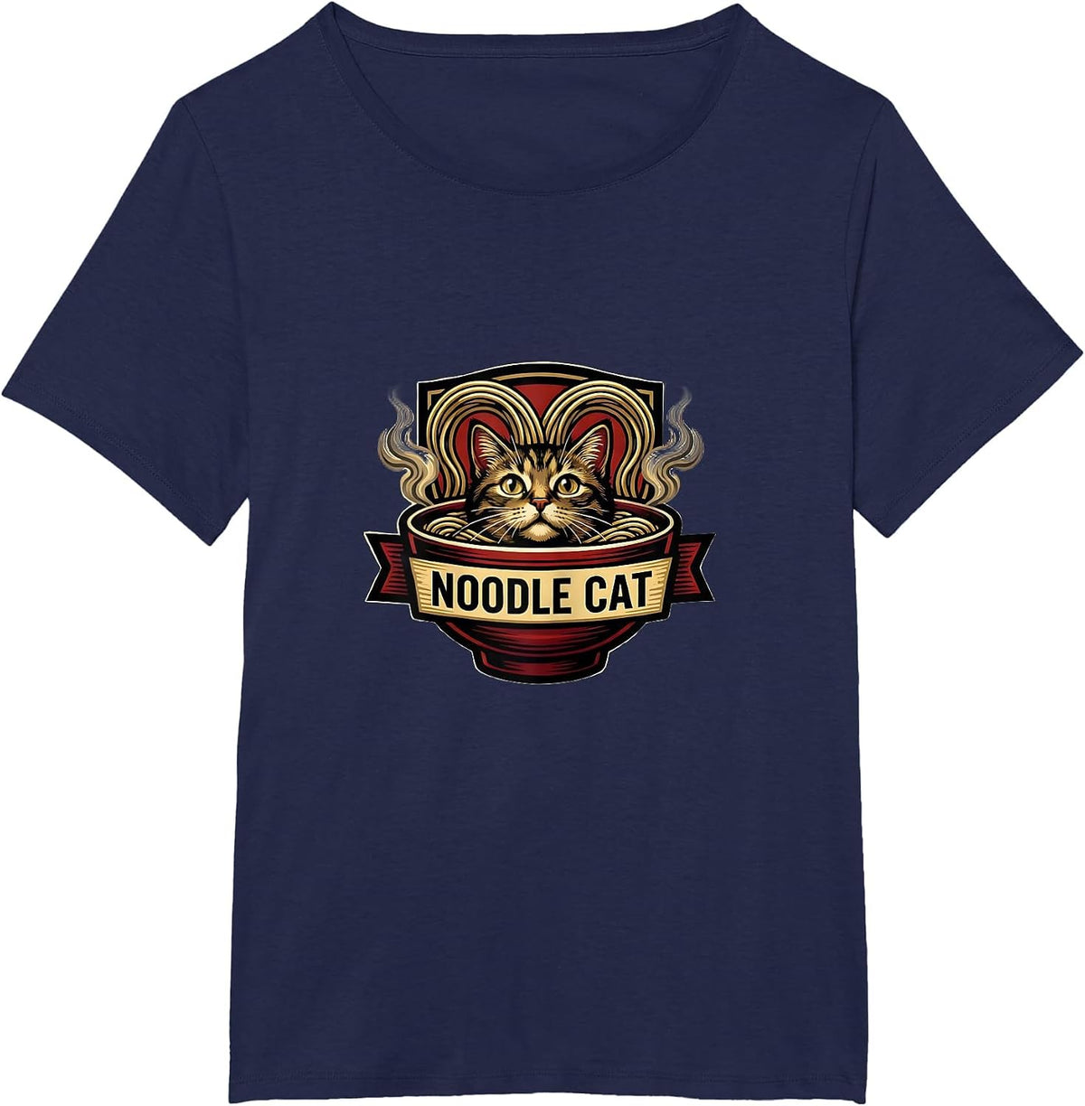 Women's Noodle Cat Kawaii Anime Japanese Ramen Cat Lover Humor T-Shirt - Navy Blue