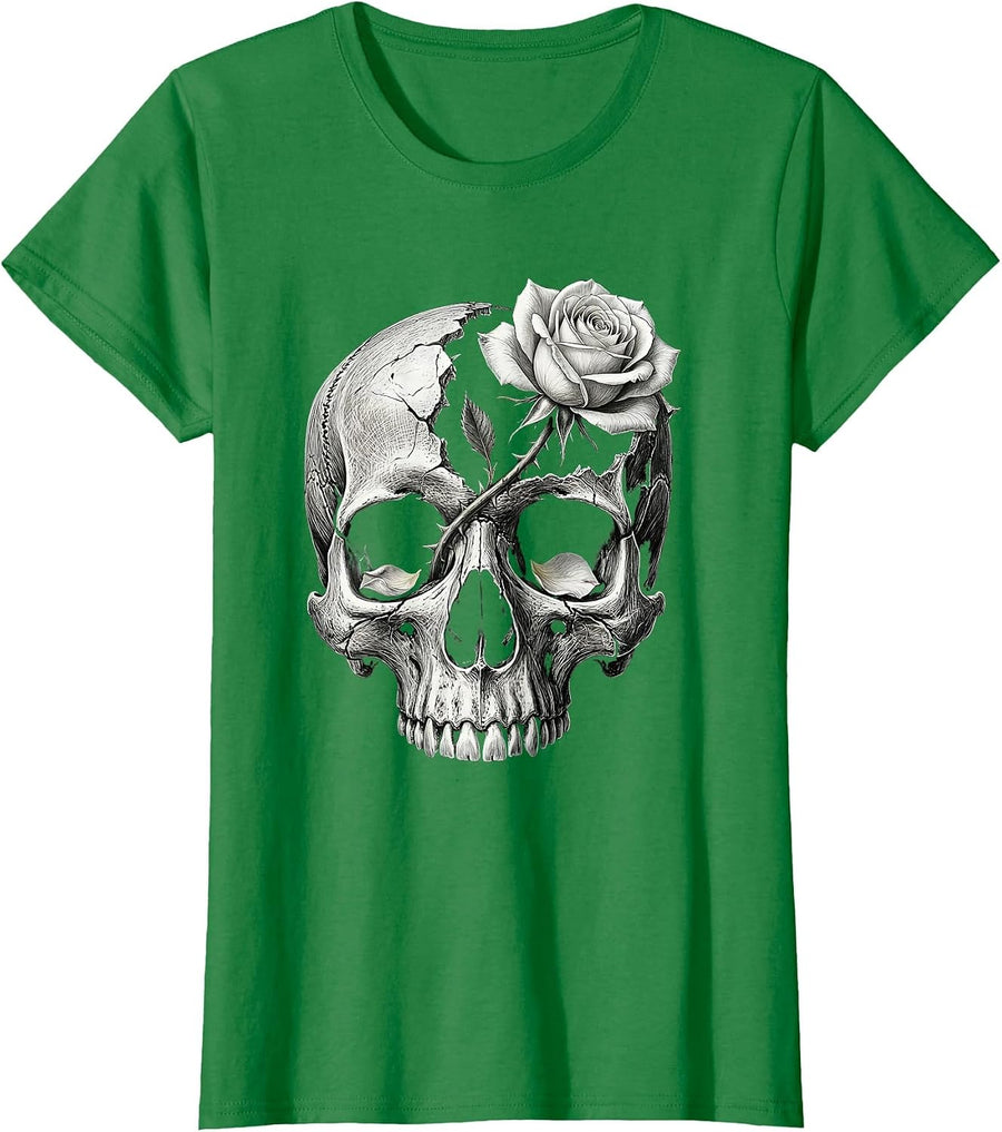 Women's Skull Rose Gothic Alt Aesthetic Teen Grunge T-Shirt - Kelly Green