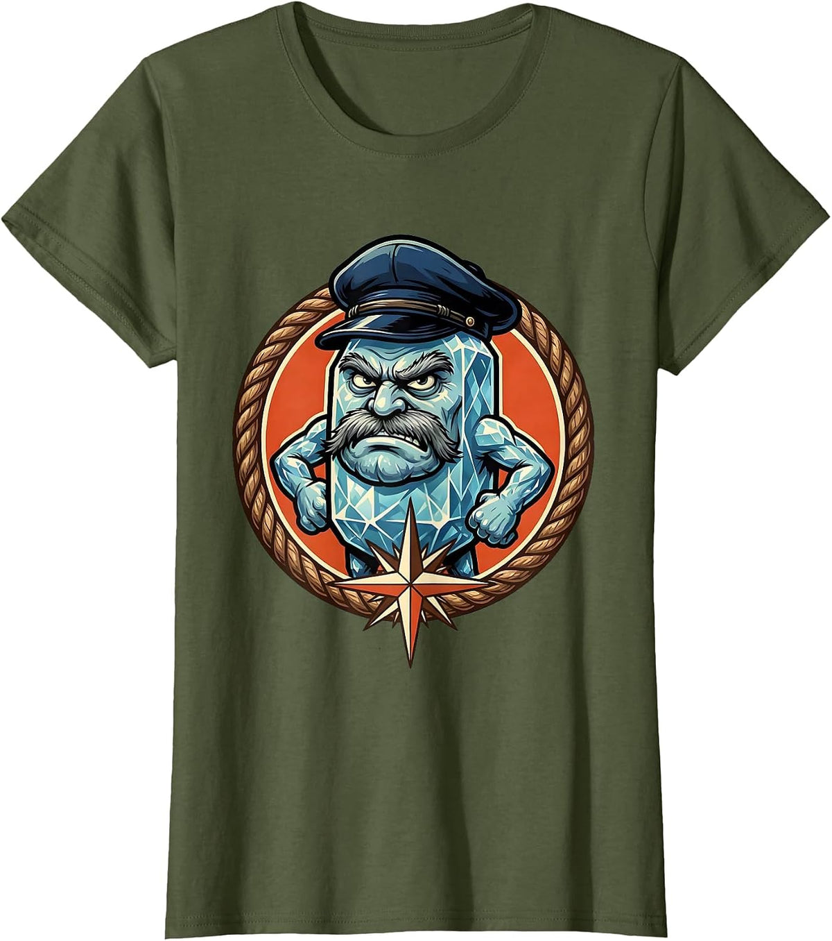 Women's Salty Sea Captain Weathered Scowl Graphic T-Shirt - Olive Green