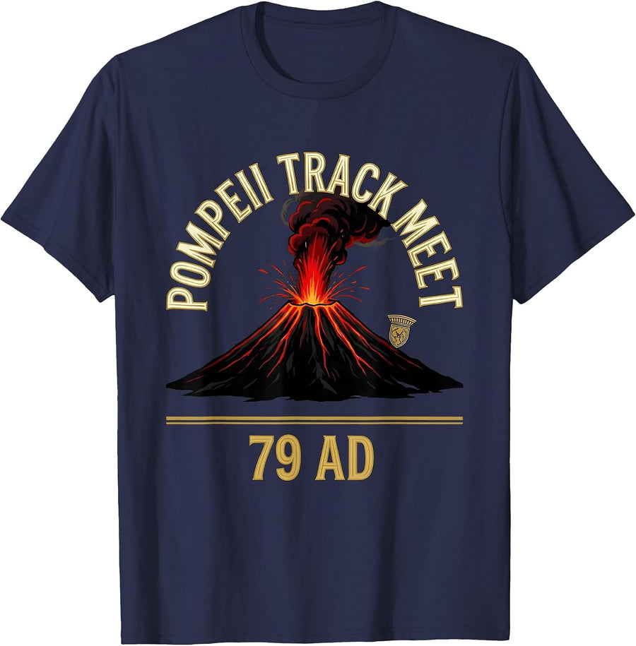 Pompeii Track Meet 79 AD Funny Volcano History Geography T-Shirt - Navy Blue