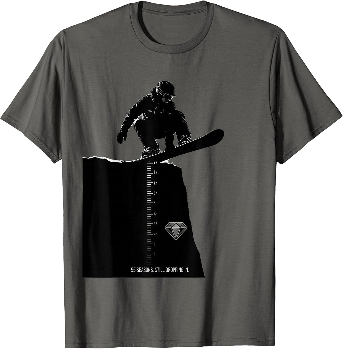 55 Seasons Still Dropping In Funny Snowboarder Silhouette T-Shirt - Asphalt Grey