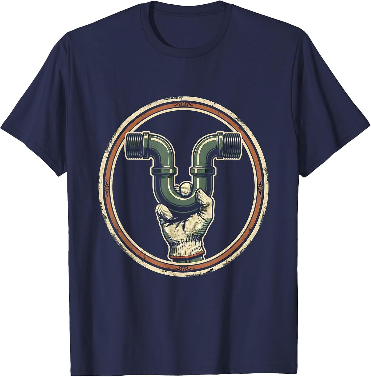 Men's Sealed Trap Badge Vintage Plumber Pipefitter Humor T-Shirt - Navy Blue